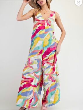 Easel Women’s Vibrant Multicolor V-Neck Wide-Leg Jumpsuit